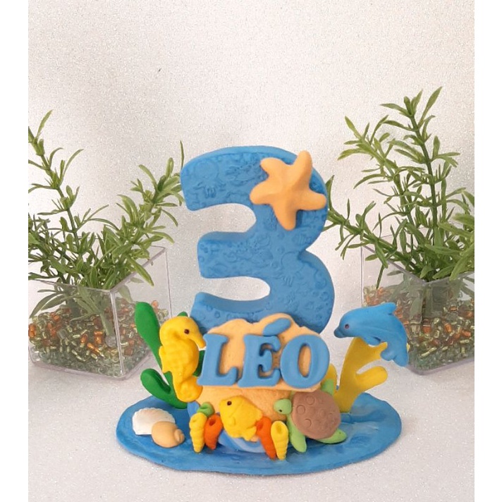 Vela topo de bolo personalizado fundo do mar biscuit menino ou menina Festa aniversário pavio mágico