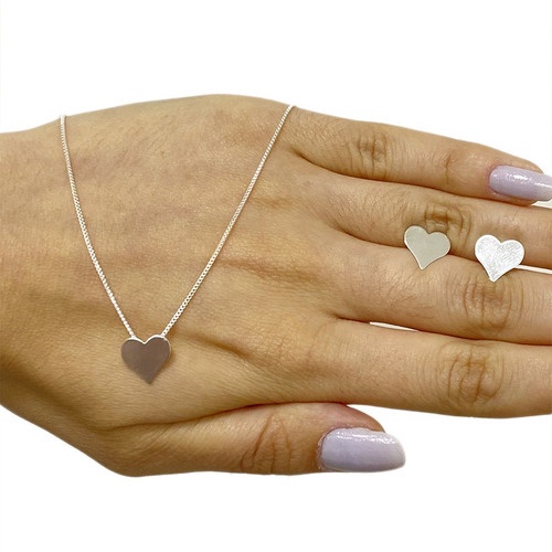 Kit Colar E Brinco Coração Minimalista Folheado Prata 925