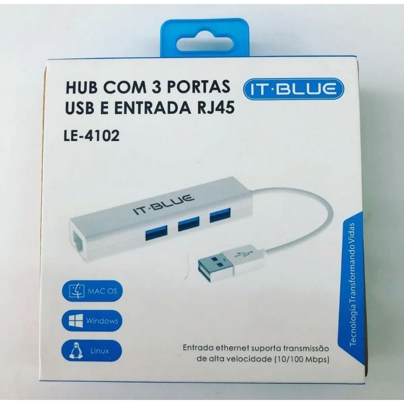 HUB 3 Portas USB 2.0 + 1x Entrada Rj45 Conector USB A Macho