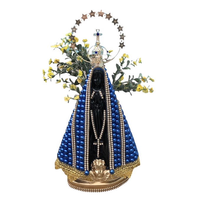 Imagem Nossa Senhora Aparecida 28cm com Coroa Resplendor Folheada Pérolas Azuis e Strass Dourado.