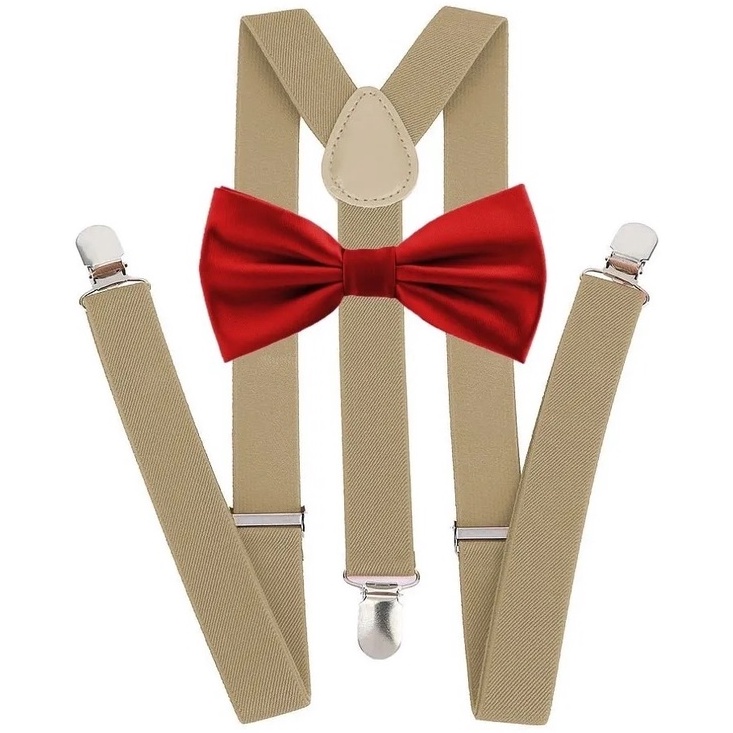 Kit Suspensório Bege + Gravata Borboleta Vermelho