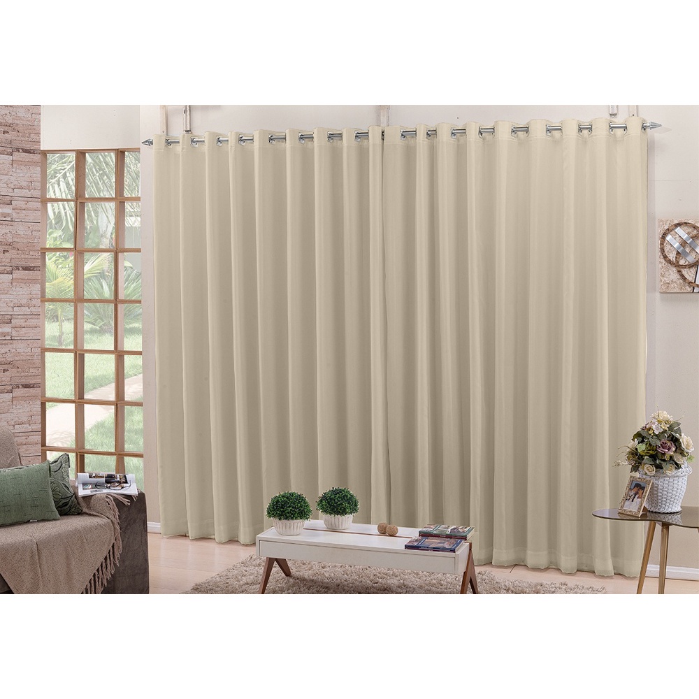 Cortina Voil Pérola 4,00x2,50 Forro Blackout Tecido Fivelas