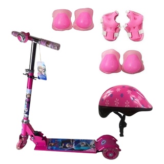 Patinete + Capacete Kit proteção Infantil Rosa Menina Frozen Led nas rodas