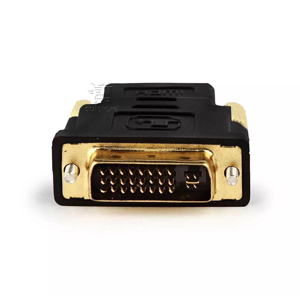 Adaptador DVI-D Dual Link (24+5) Macho x HDMI Fêmea. Sistema digital somente. Plugs Dourados Gold. Compatível HDMI Versões 1.2 1.3 e 1.4 4K 3D Full HD. Conectores: HDMI Fêmea 19 Pinos x DVI-D Dual Link 24+5 Pinos Macho.