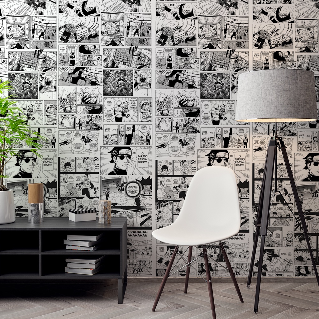 Papel De Parede Adesivo Naruto Clássico Manga Quadrinhos HQ Preto e Branco Adesivo Lavável