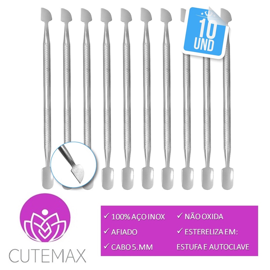 Kit 10 Espátula Dupla Empurrador Inox Profissional Manicure E Pedicure Cutemax