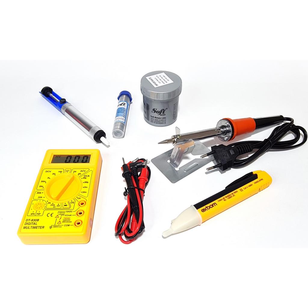 kit ferro de solda 60W 110V + multimetro + caneta teste + estanho + pasta + sugador de solda