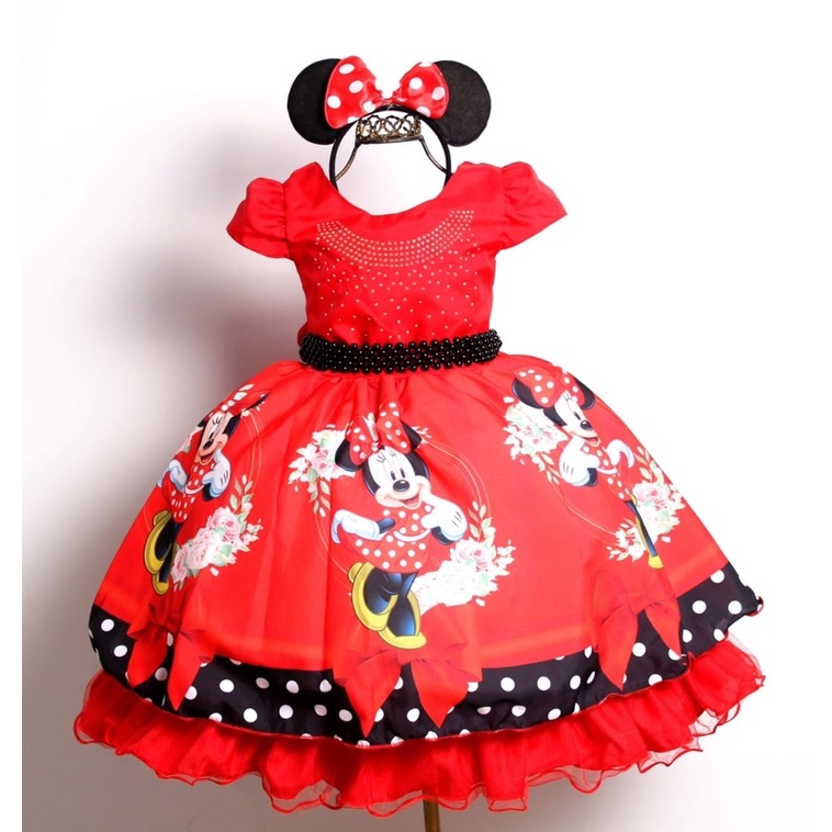 Vestido Festa Luxo Aniversario Minnie Vermelha com Tiara. em Oferta na Shopee