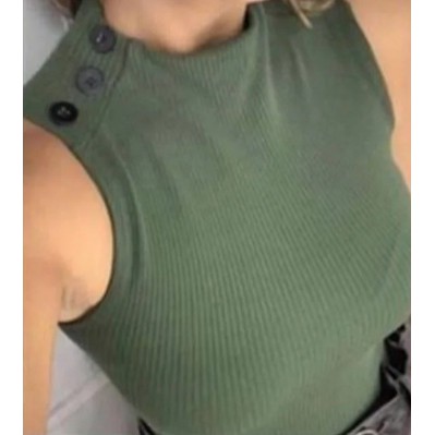Regatinha Gola Alta Botão Ombro Sem Bojo Canelada Moda Feminina Top
