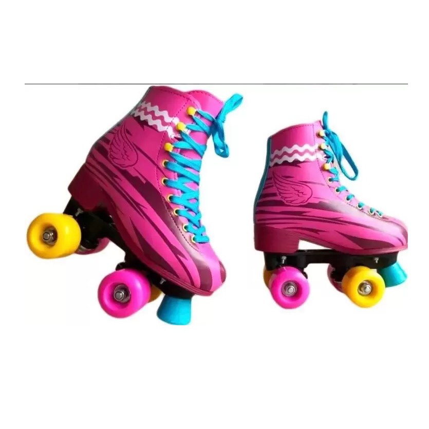 Patins Retrô 4 Rodas Tradicional Roller Rosa Cadarço Tipo Luna Asa.
