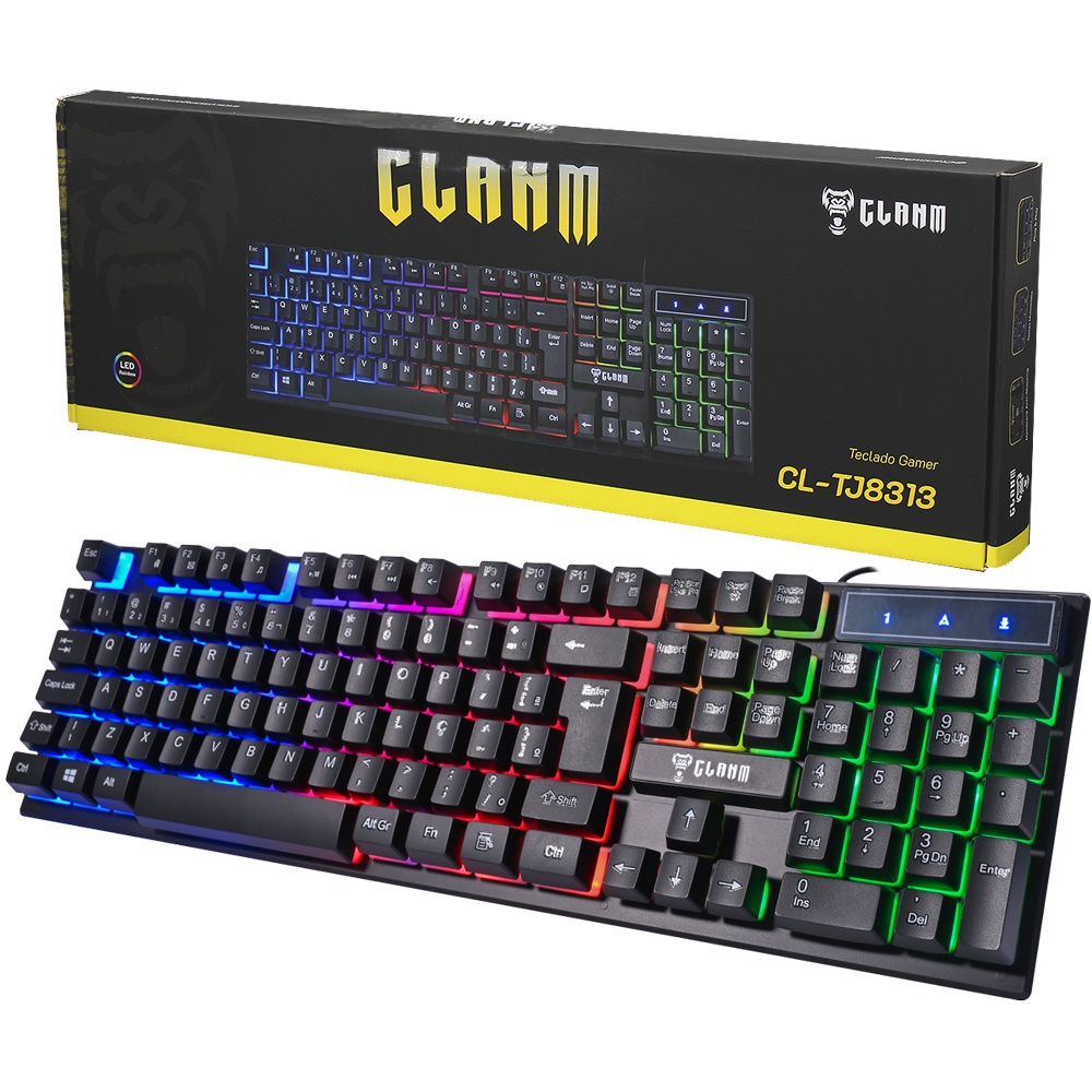 TECLADO ABNT LED Rainbow TJ8313 - CLANM Teclado Gamer ABNT2 Iluminação RGB Mecânico Jogadores