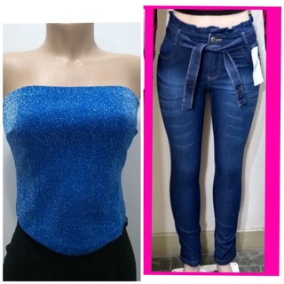 Conjunto Look: Calça Jeans Feminina Clochard + Blusa Feminina Cropped Brilhosa festa tomara que caia