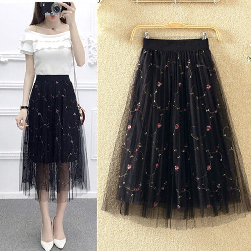 saia midi tule bordado