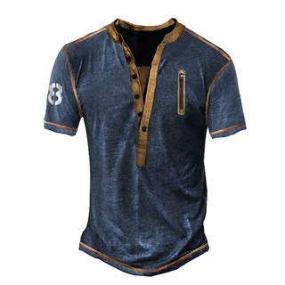 Camiseta Henley Masculina Estampa 3D Manga Curta Tamanho Grande Com Zíper