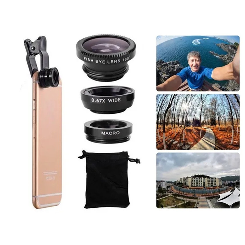 Kit 3 lente 3 em 1 para celular tablet fish eye wide macro olho peixe