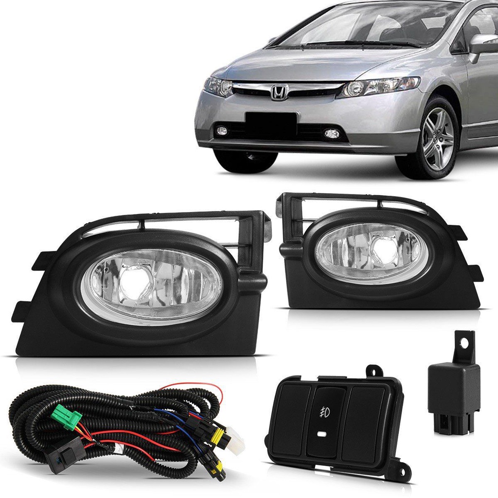 Kit Farol Milha Auxiliar Civic 2006 2007 2008 Botão Modelo Original Com Moldura