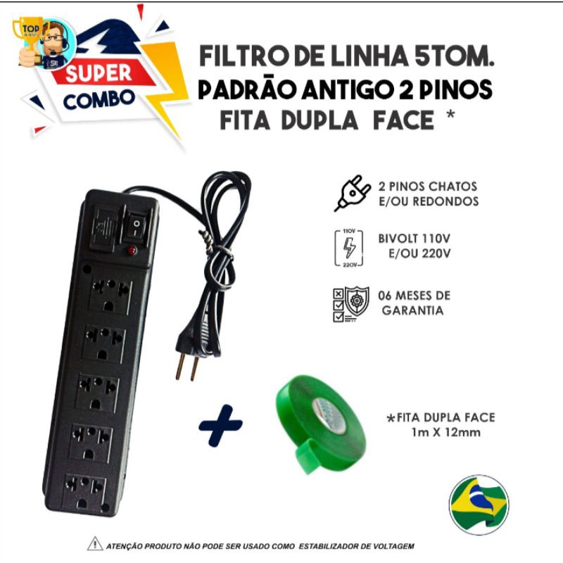 Filtro de Linha (Régua) 5 Tomadas Padrão Antigo com Fita Dupla Face 1 Metro