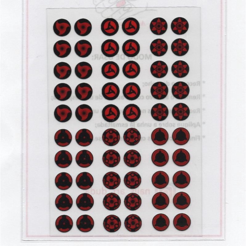 60 adesivos de unha 3D naruto anime sharingan naka itachi sasuke izuna madara shin & ses clones (1 cartela com 60 adesivos) FINALIZADOS - modelo 323-1