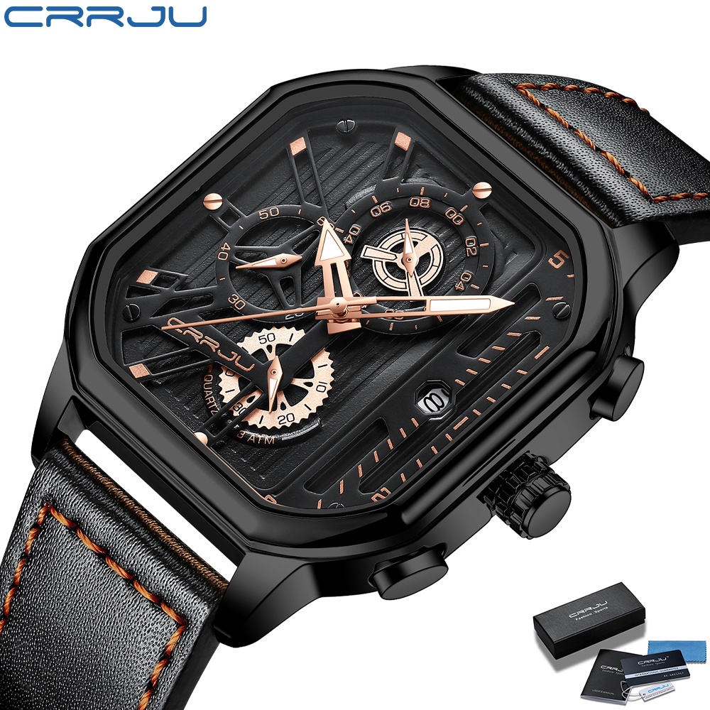 CRRJU Relógio De Pulso Masculino Esportivo Crju Original Com Mostrador Quadrado Em Couro 2302 Caixa - Watches