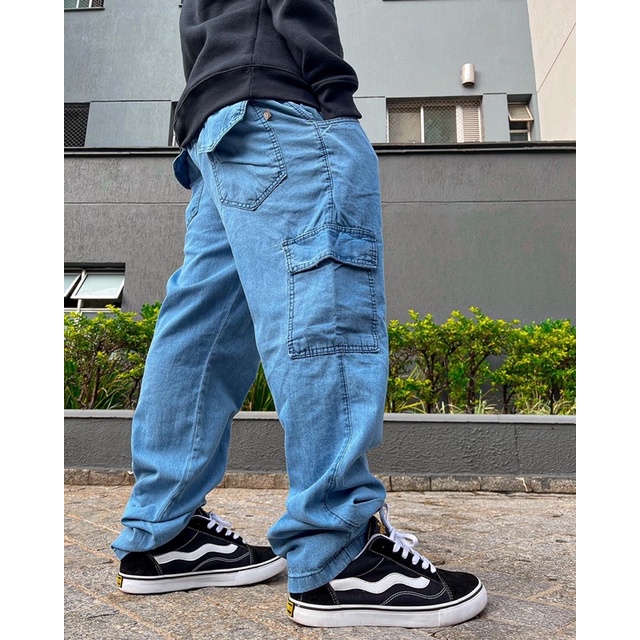 Calça Cargo Jeans Clara Estilo Skate Elástico Na Cintura - Corre