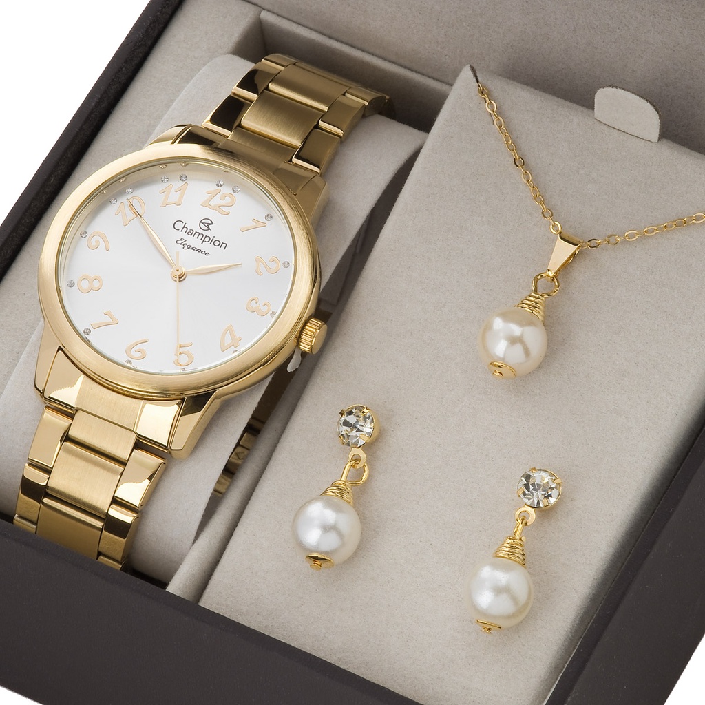 Relógio Champion Feminino Analógico Dourado + Kit Colar e Brincos Original À Prova d'Água Presente Moda Aniversário