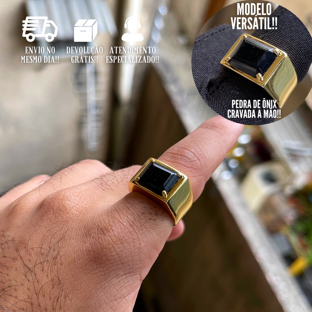 Anel Masculino De Pedra Ônix Banhado a Ouro 24k Dedeira Cravejada Pedra Preta