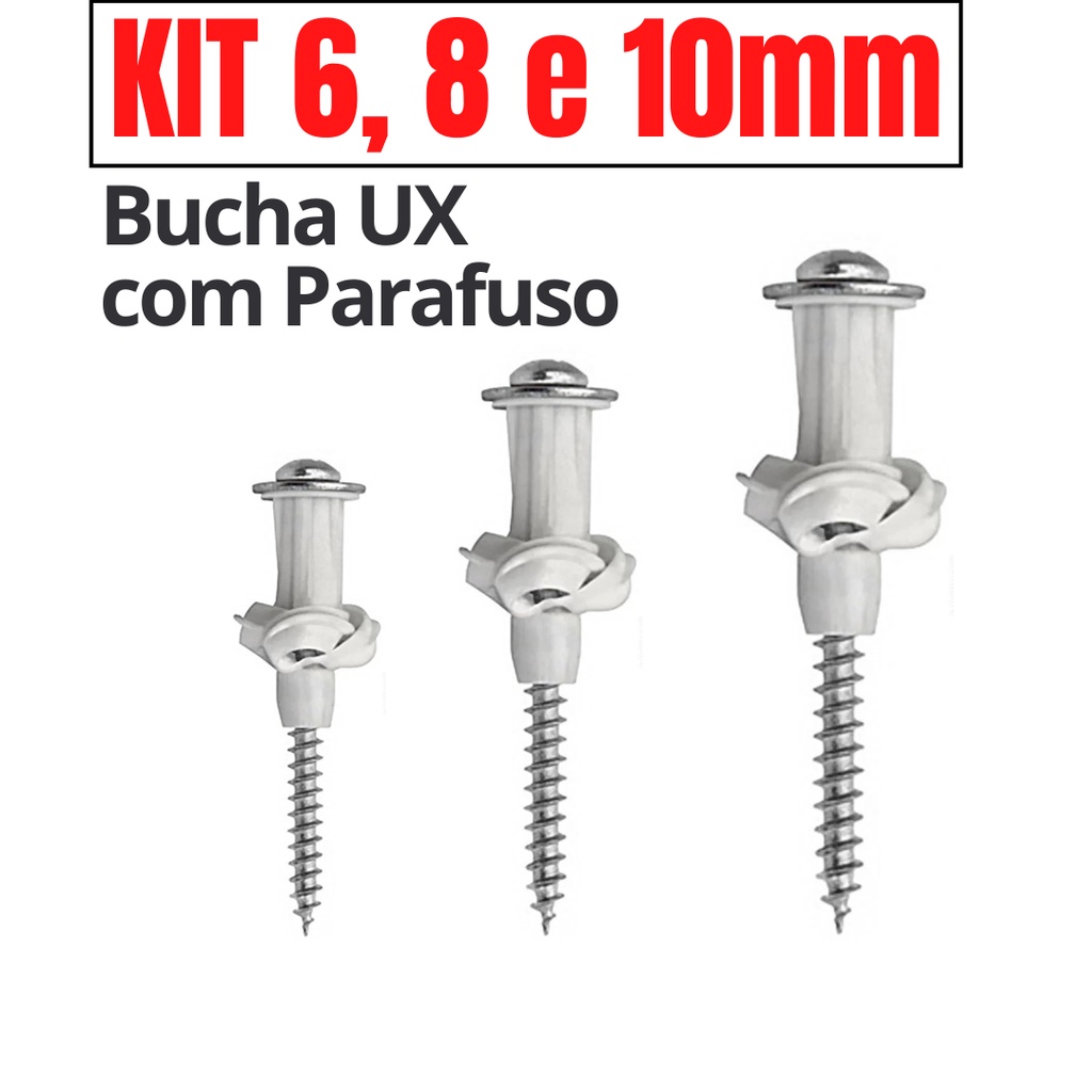 Kit Buchas UX para Tijolo Oco com Parafuso 6 8 10 Kit Bucha Bloco Vazado Oco Bucha MU Torcer Tijolo Vazado