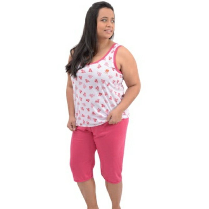 Pijama Feminino Verão Camiseta Regata 034 Estampada Bermuda Pescador Conjunto de Dormir Océane