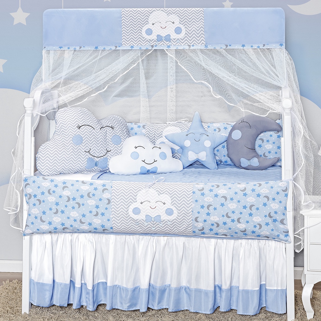 Kit Berço Nuvem Lua Azul Formato Chuva de Amor 12 Peças Completo Menino Masculino