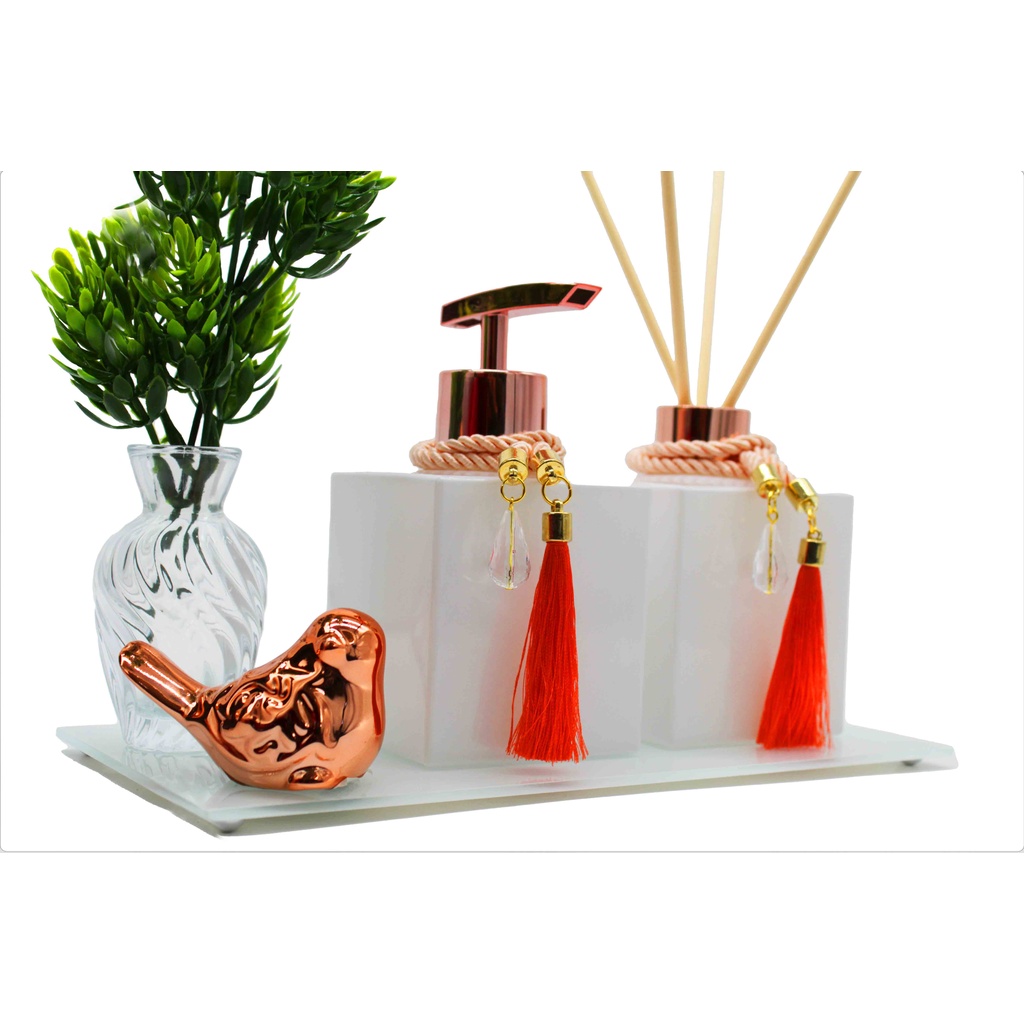 Kit Lavabo Aromatizador e Difusor Com Bandeja Espelhada + Enfeite + Vasinho e Pingnete