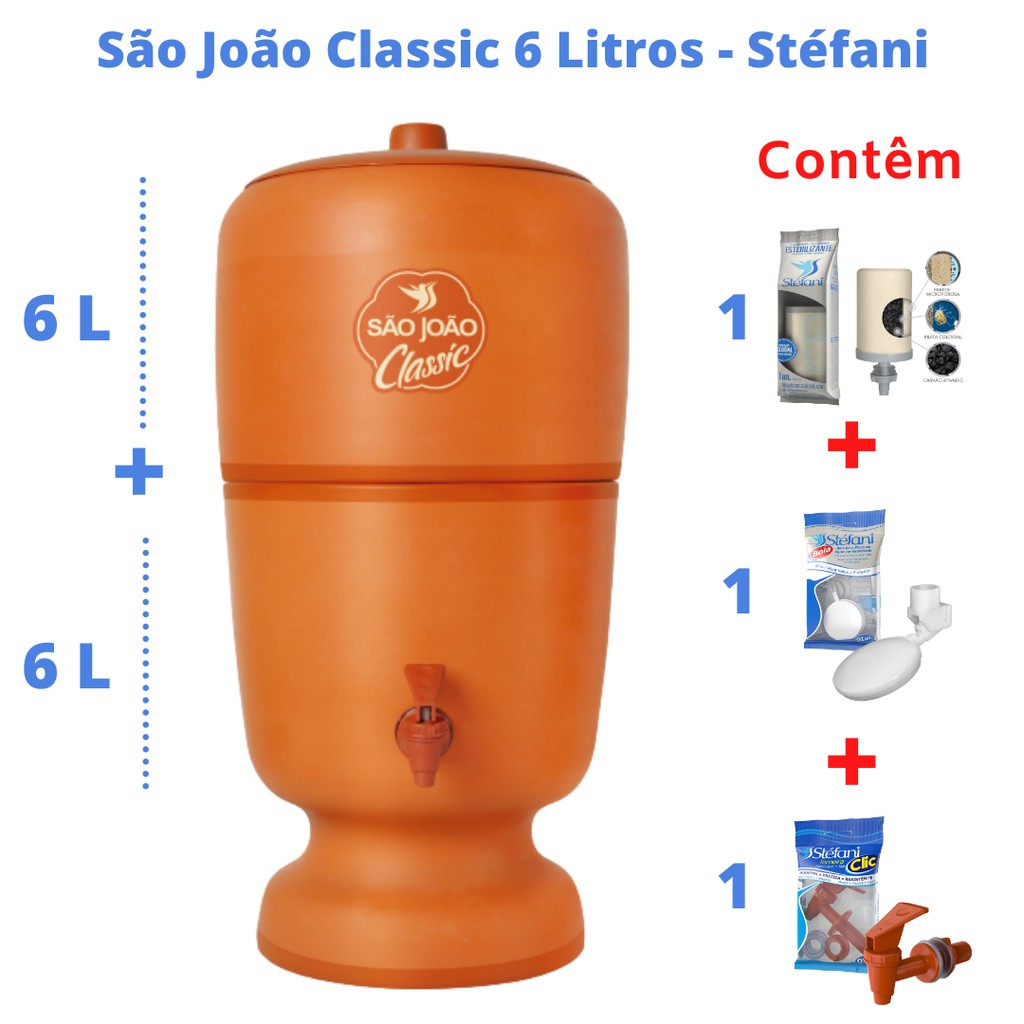 Filtro de Barro para Água São João Classic 6 Litros 1 Vela - Cerâmica Stéfani em Oferta na Shopee