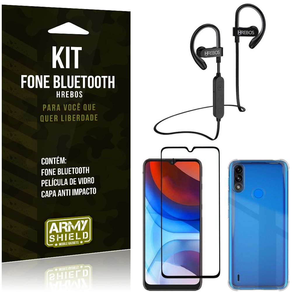 Kit Moto E7 Power Fone Bluetooth HS188 + Película 3D + Capa Anti Impacto - Armyshield