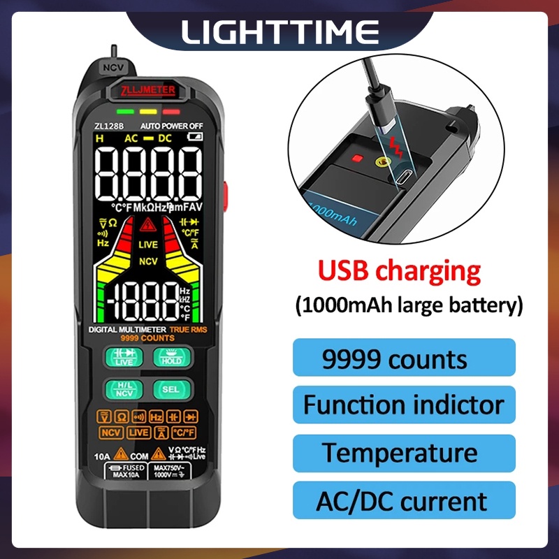 ZL126/ZL128 Multímetro Digital USB De Corrente AC DC Recarregável Testador De Tensão Automático Verdadeiro Detector De Diodo De Capacitância RMS Fio Vivo NCV