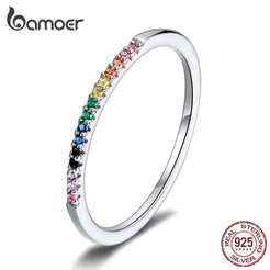 Anel De Moda Bamoer Arco-Íris Com Pedra Colorida Brilhante Jóias Mulher Autêntica 925 Prata Tamanho 5 6 7 8 9