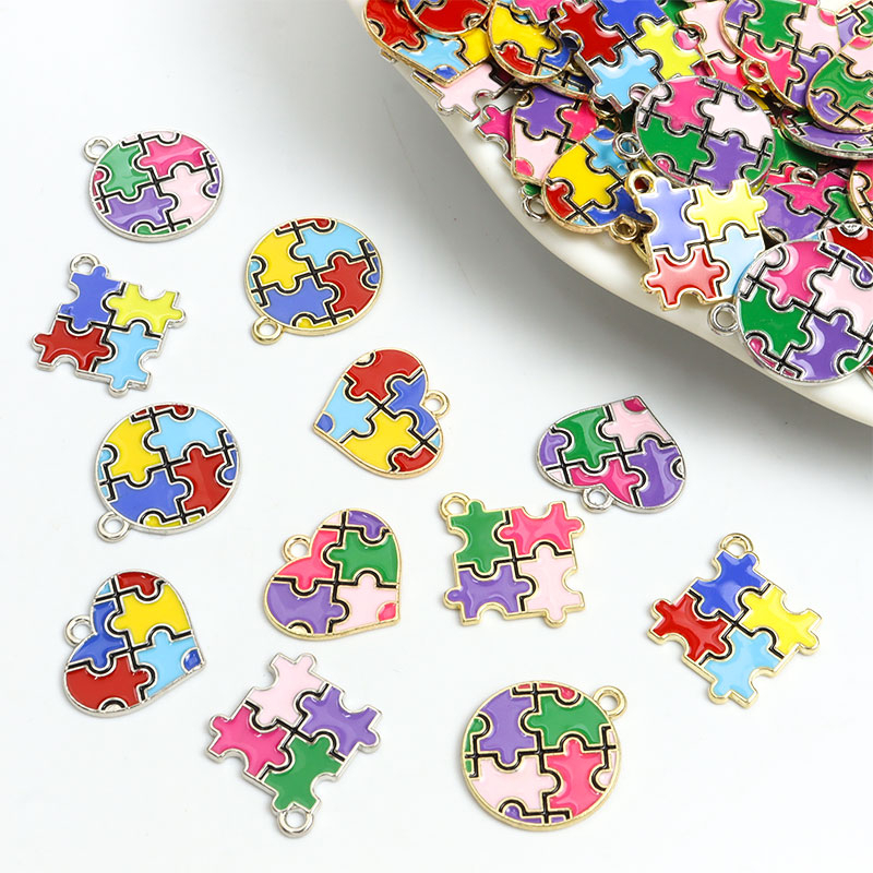 Esmalte Encanta Pingentes De Liga De 10pcs Conscientização Sobre O Autismo Em Forma De Coração/Round/Irregular Puzzles Bijuteria Acessórios Para A Confecção De Jóias De Bricolage