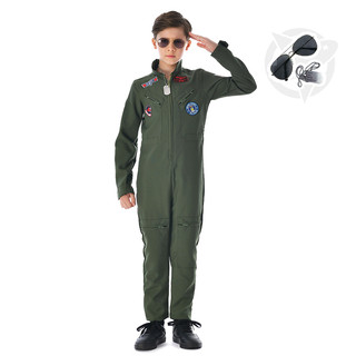Fatos de interpretação de papéis para pilotos em reuniões familiares pais-filhos Fantasia Meninos Halloween Exército Americano Piloto Verde Uniforme Cosplay Macacão