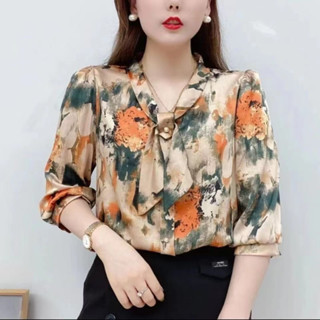 Chiffon Top Camisa Impressa De Verão Estilo Coreano Feminino Bowknot Western Style Pequena De Manga Comprida Casual Feminina De Nicho De Temperamento