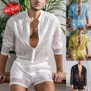 Conjunto De Renda Masculina Verão Manga Longa Camisa E Shorts Sexy Transparente Roupas Casual Praia