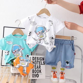 Kids Baby Boy Printing Cartoon T Shirt Camiseta De Verão Para Crianças Roupas Astronauta 2Pcs/Set Infant Fatos De Treino De Colo