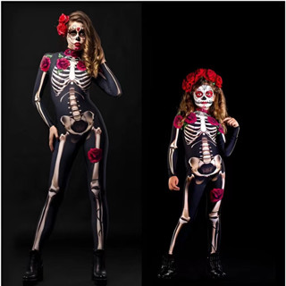 Fantasia halloween feminina Horror Rose Skull Bodysuit Corpo inteiro Traje Terror Tema Halloween Costume Família Adulto Crianças Role Play Traje