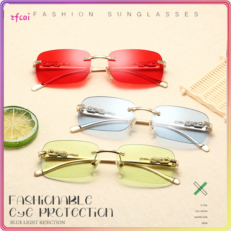Óculos De Sol Masculinos UV400 Rectangulares Femininos Sem Moldura Retro Cheetah Decoration Transparent Ocean Lens