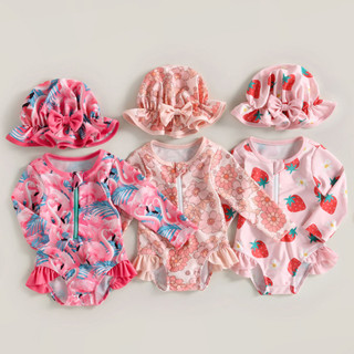 * 6M-3Y Baby Girl Rash Guard Fato De Banho , Manga Comprida Strawberry Print + Chapéu De Sol