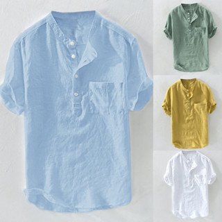 Camisas De Colarinho De Cor Sólida Camisetas De Linho Plus Size Macias Tops