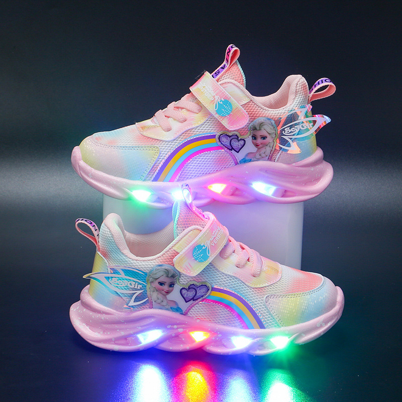 Tênis Infantil Princesa Elsa Sapatos Meninas Com Luz 2023 Novo Estilo De Malha Respirável