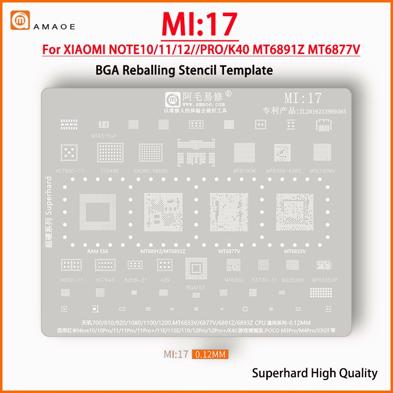 Amaoe MI17 BGA Reballing Stencil Para Xiaomi Nota 10/11/12 pro K40 poco x3 MT6833V MT6877V MT6190W MT6359 MT6360 MT6635XP BQ25980 VC7643 em Oferta na Shopee