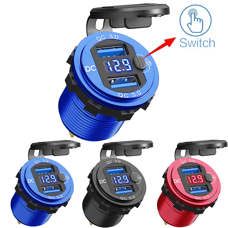 12/24V Alumínio Metal 36W QC3.0 Dual USB Carregador De Motor Para Carro Tomada À Prova D'água Com Interruptor Voltímetro Adaptador De Carga Rápida