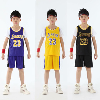 Kids Jersey NBA Los Angeles Lakers 76ers No . 23 JAMES Boys/Girls Basketball Set Fake Two Pieces Basquetebol Infantil + Shorts Kit Tamanho : 3XS-2XL