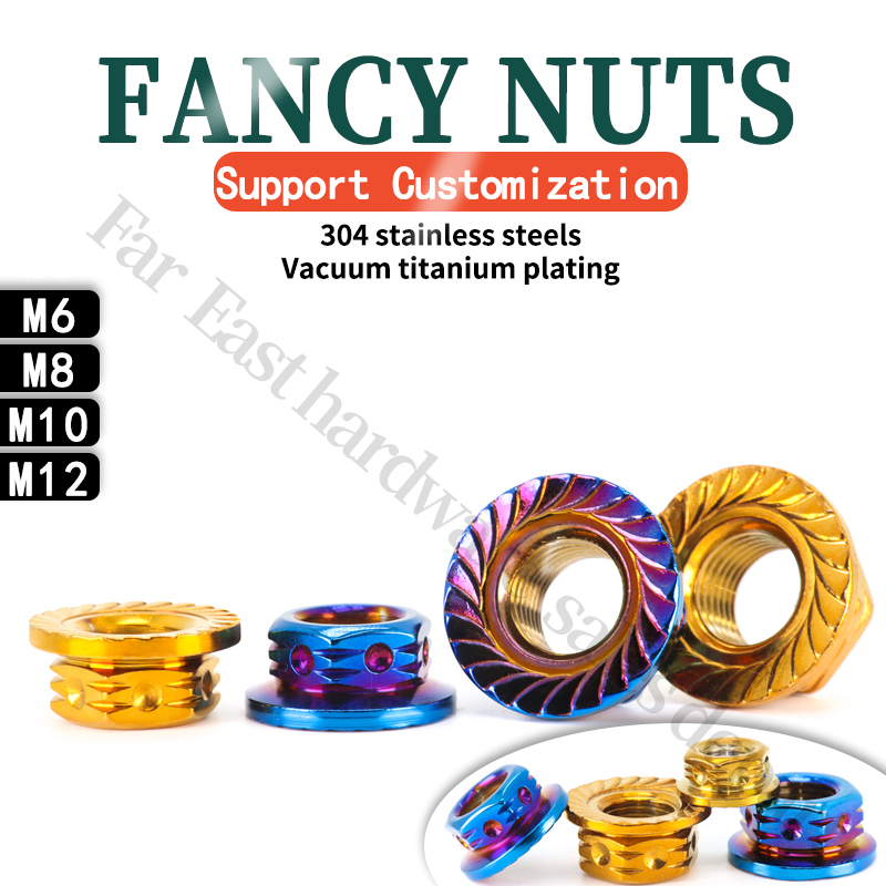 304 Porca De Flange De Aço Inoxidável Motocicleta Eixo Traseiro Fricção Elétrica Padrão Serrilhada Queima De Titânio