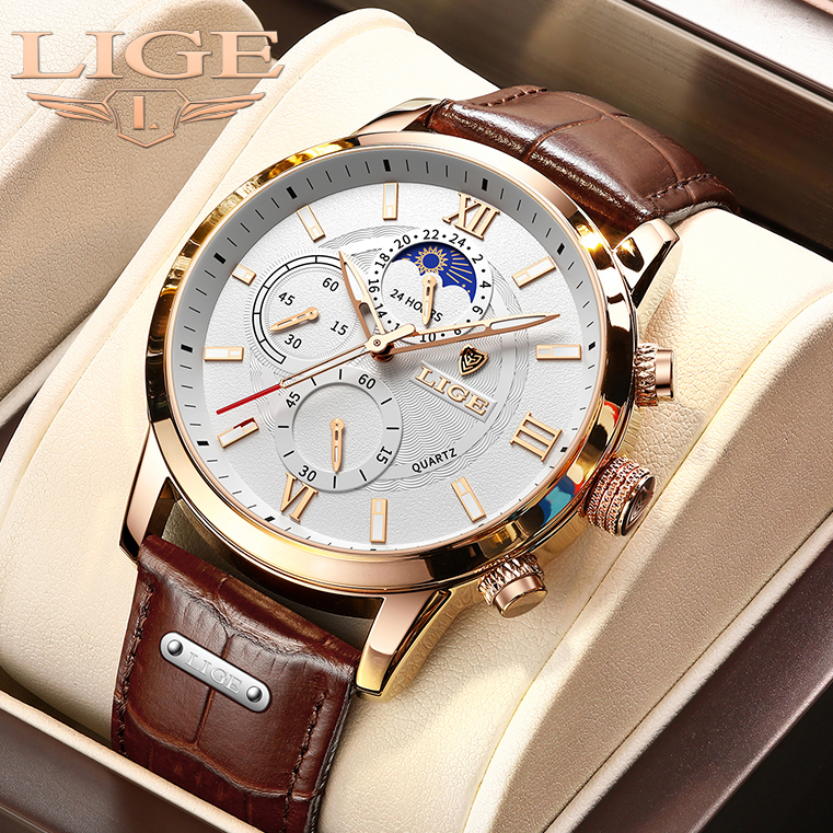 Relogio Masculino LIGE de Quartzo Estilo Militar Esportivo com Pulseira de Couro À Prova D’Água + Caixa - Watches
