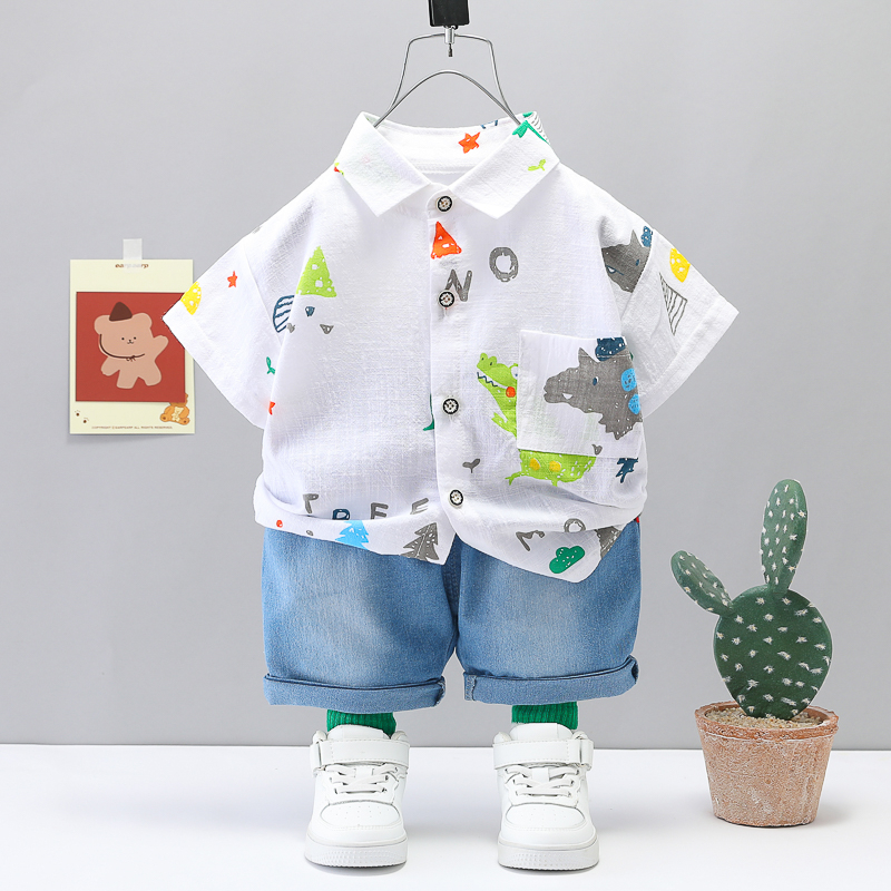 Roupas Infantis Moda Infantil Menino Casuais Dinossauro Estampado Camisa Manga Curta Jeans 2Pcs/Sets Fatos De Cavalheiro Toddler